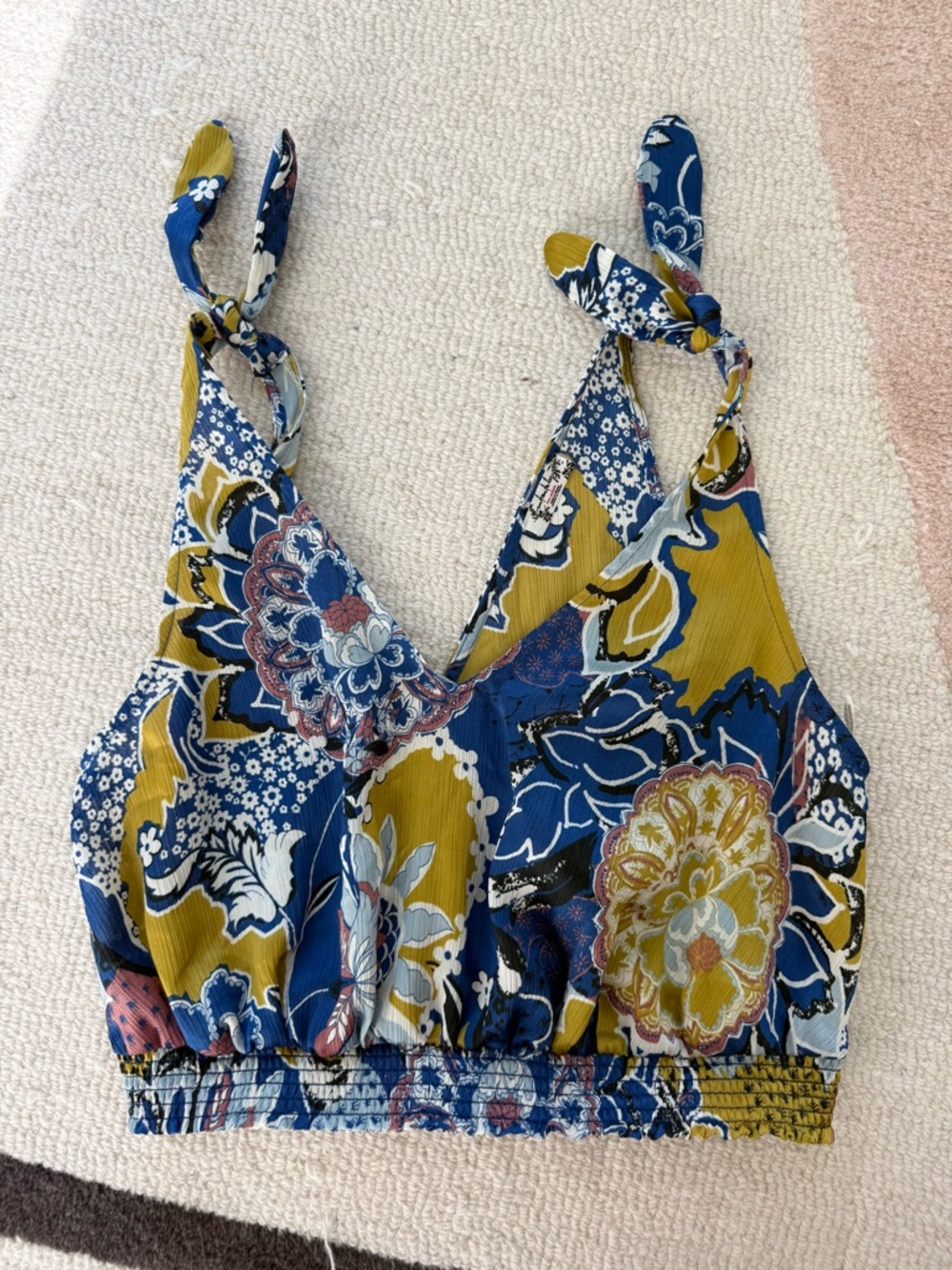Free People Floral Tie-Shoulder Crop Top - Blue & Mustard